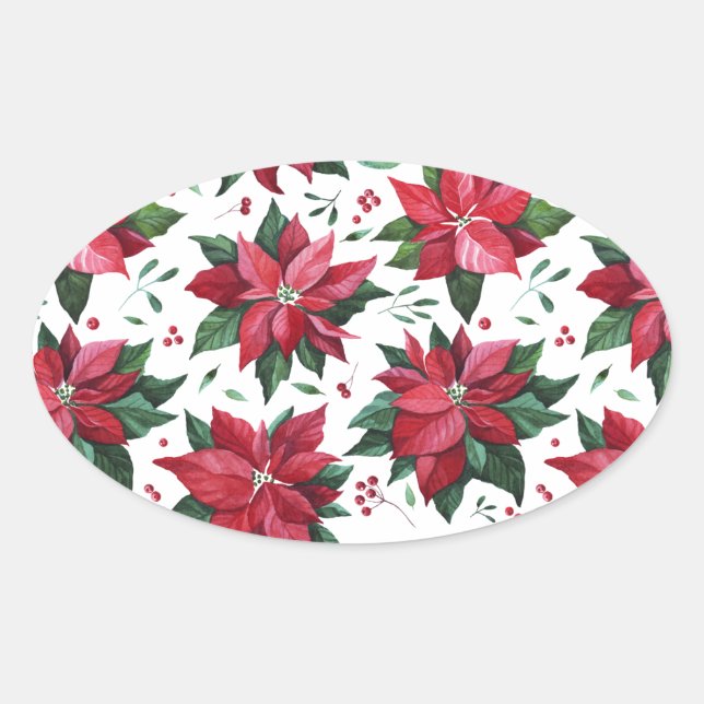 Adesivo Oval Red Poinsettia e Berries Sticker (Frente)