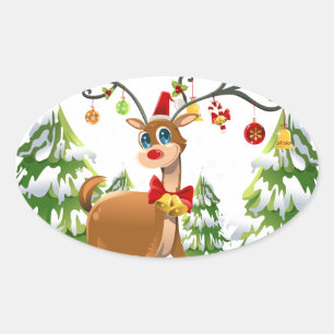 Adesivo Oval Reindeer Bonito na Neve