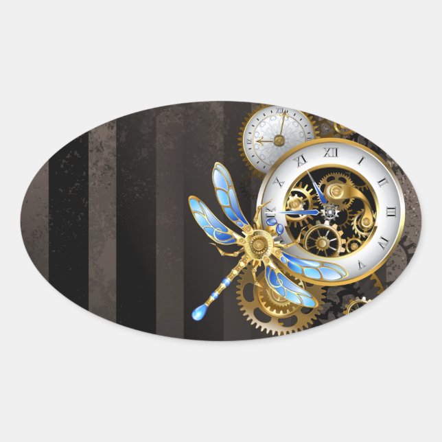 Adesivo Oval Relógio Steampunk com Dragonfly Mecânica (Frente)