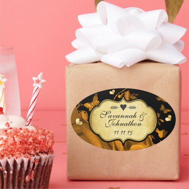 Adesivo Oval Rosas Dourados e Borboletas Selagem de Casamento (Festa)