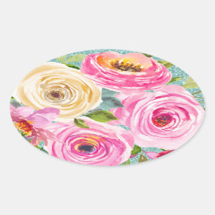 Adesivo Oval Rosas em Aquarela em Rosa e Creme com Glitter Aqua