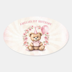 Adesivo Oval Rosas rosa-rosa primeiro aniversario Teddy Bear Gi