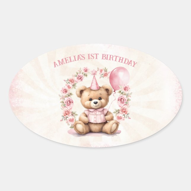 Adesivo Oval Rosas rosa-rosa primeiro aniversario Teddy Bear Gi (Frente)