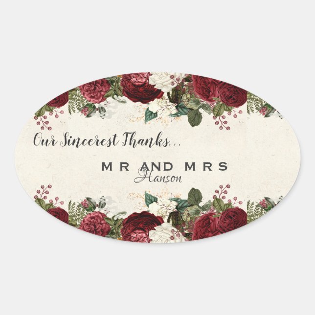 Adesivo Oval Rosas vermelhas e folhas de galeria Obrigado (Frente)