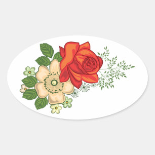Adesivo Oval Rosas vermelhas e margaridas