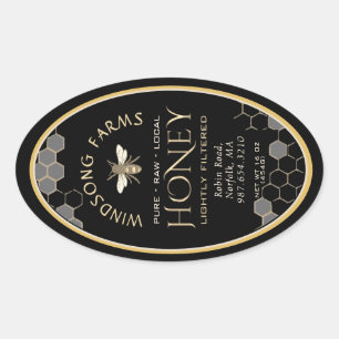 Adesivo Oval Rótulo de Mel de Queenline 16/32oz Honeycomb Black