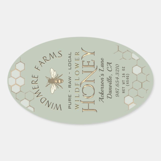 Adesivo Oval Rótulo de Mel de Queenline 16/32oz Sage em Honeyco (Frente)
