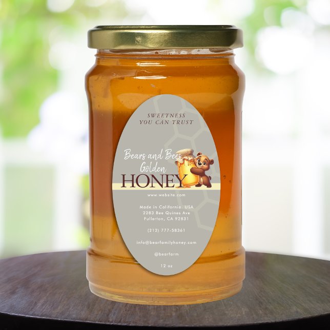 Adesivo Oval Rótulo de Produto de Mel com Melado de Urso Fofo (Cute Bear Honey Jar Honeycomb Product Label)
