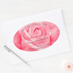 Adesivo Oval Rótulo de Produto Floral Rosa Rosa Rosa e Folhas d