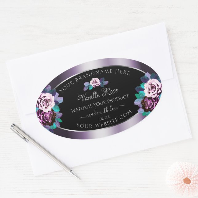 Adesivo Oval Rótulo de Produto Preto Elegante Floreado (Envelope)