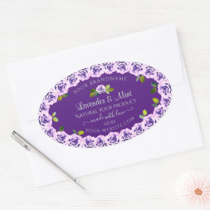 Adesivo Oval Rótulo de Produto Roxo Elegante Rosas de Bloqueio