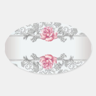 Adesivo Oval Rótulo de Selagem Envelope Rosa Pink Damask Branco
