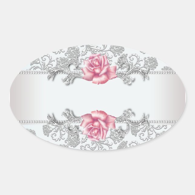 Adesivo Oval Rótulo de Selagem Envelope Rosa Pink Damask Branco (Frente)