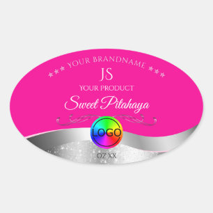 Adesivo Oval Rótulo do Monograma do Logotipo Prateado Onda Rosa