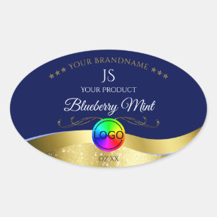 Adesivo Oval Rótulo do Monograma Dourado Wavy Azul Escuro