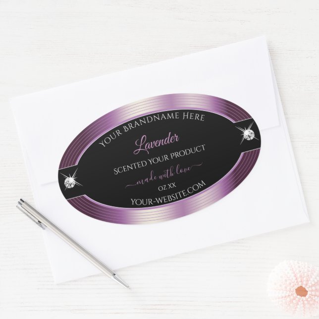 Adesivo Oval Rótulo do produto Brilhantes Roxos Roxos Pretos de (Envelope)