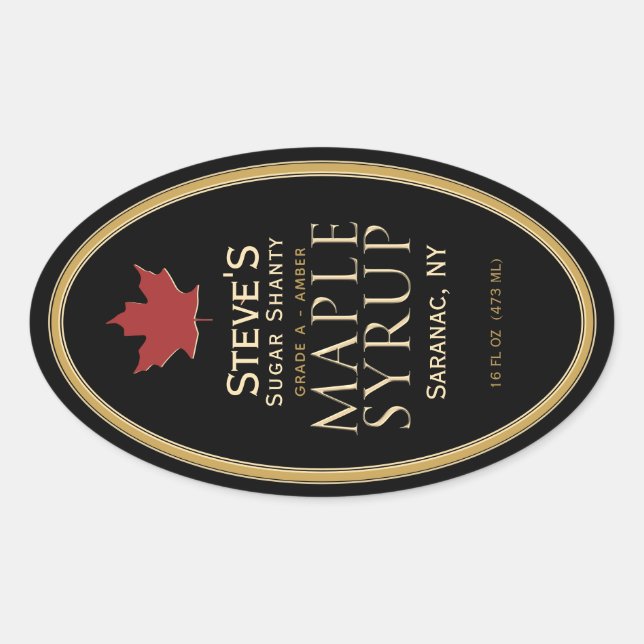Adesivo Oval Rótulo do Xarope de Mapeamento Preto com Folha Ver (Frente)