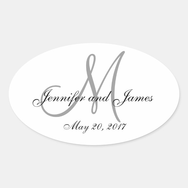 Adesivo Oval Rótulo Oval do Monograma Branco da cinza (Frente)