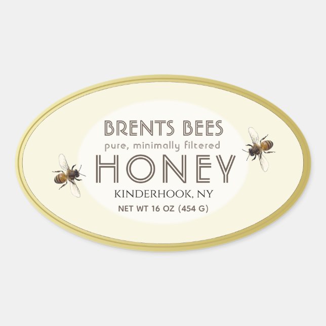Adesivo Oval Rótulo Oval Honey com abelha, colmeia, borda doura (Frente)