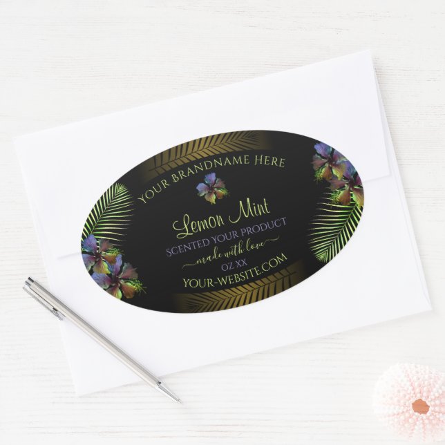 Adesivo Oval Rótulos de Produto Exóticos Flores Amarelas Roxas  (Envelope)