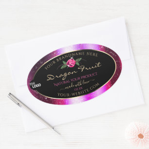 Adesivo Oval Rótulos de produto preto brilhante, cor-de-rosa,