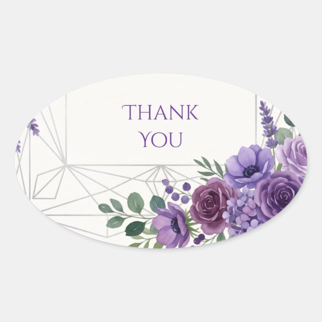 Adesivo Oval Roxo Art Deco Floral Obrigado (Frente)