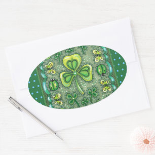 ADESIVO OVAL RUAS. PATRICK'S DAY FOLK ART SHAMROCKS N' LADYBUGS