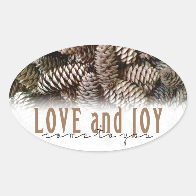 Adesivo Oval Rustic Holiday Love and Joy Pine Cone (Frente)