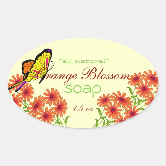 Adesivo Oval Sabão caseiro de flores e borboletas (Frente)