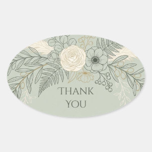 Adesivo Oval Sage Line Art Floral Agradecimento