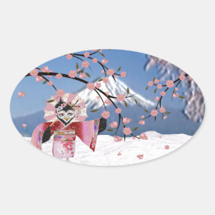 Adesivo Oval Sakura Geisha Pássaro na Neve Flores de Cerejeira