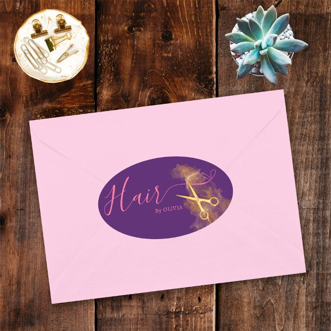 Adesivo Oval Salão Dourado de Cabelo de Tesoura Púrpura Elegant (Criador carregado)