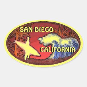 Adesivo Oval San Diego California surfer art amarelos