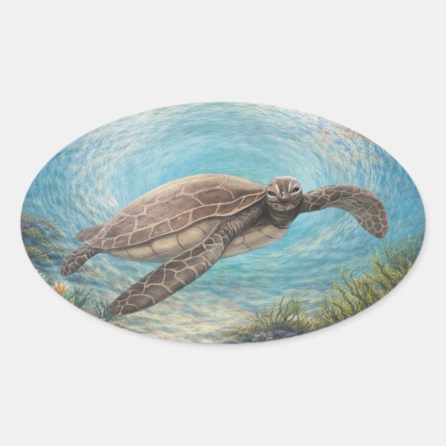 Adesivo Oval Sea Turtle in Ocean Vortex (Frente)