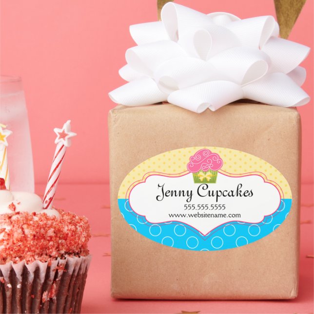 Adesivo Oval Selos de Caixa de Padaria de Cupcake Caprichosos (Festa)