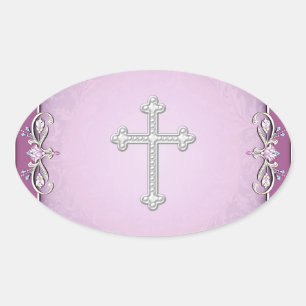Adesivo Oval Selos de Envelope de Flor de Damasco Cruz Rosa