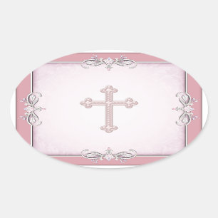 Adesivo Oval Selos de Envelope de Flor de Damasco Cruz Rosa