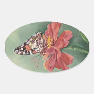 Adesivo Oval Senhora pintada 0461 Borboleta no Zinnia