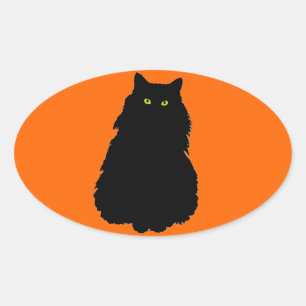 Adesivo Oval Sentado Black Cat Silhouette em Laranja