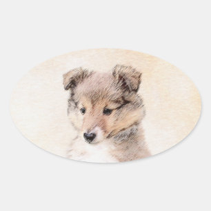 Adesivo Oval Shetland Sheepdog Puppy Pintura Original