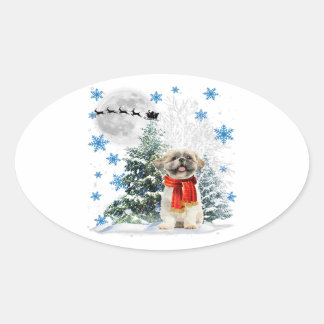 Adesivo Oval Shih Tzu Árvore Natal | Grátis Natal