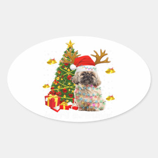 Adesivo Oval Shih Tzu Christmas Lights Tree | Santa Xmas