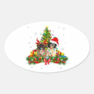 Adesivo Oval Shih Tzu Christmas Tree Lights Xmas