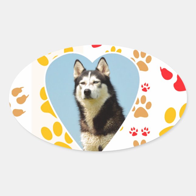 Adesivo Oval Siberian Husky Dog Heart Paws Impressão (Frente)