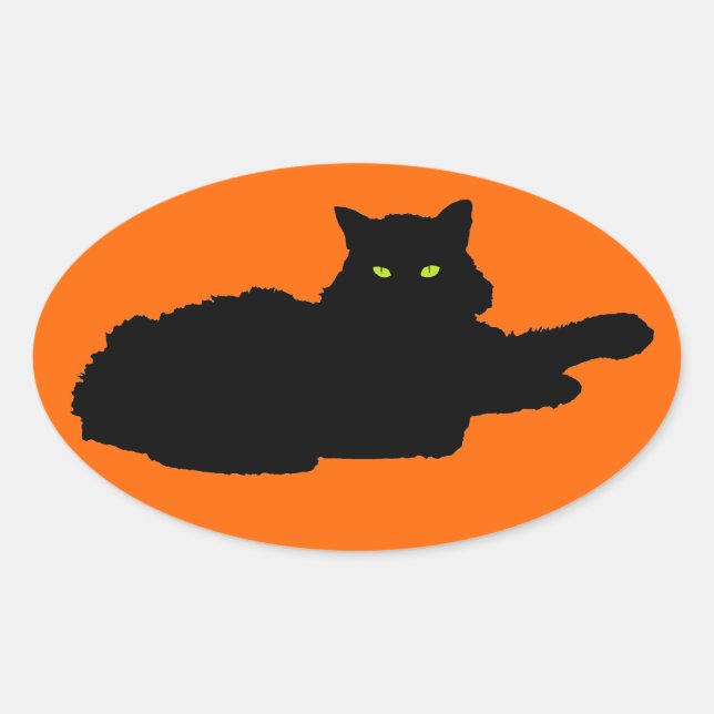 Adesivo Oval Silhueta de Gato Preto Relaxado em Laranja (Frente)