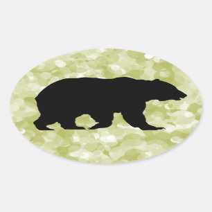 Adesivo Oval Silhueta Preta de Urso Grizzle Verde-Motoso