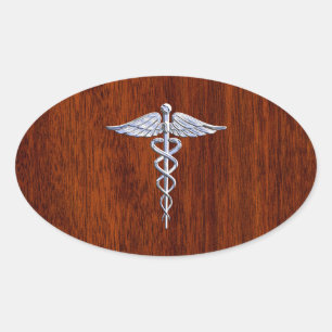 Adesivo Oval Silver Como Caduceus Símbolo Médico Mahogany Impre