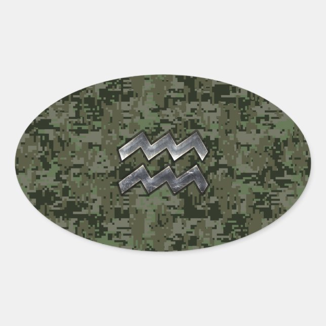 Adesivo Oval Símbolo Aquarius Zodiac na Camo Digital Woodland (Frente)
