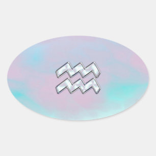 Adesivo Oval Símbolo Aquarius Zodíaco na Mãe de Pearl Nacre