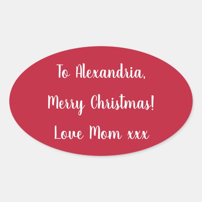 Adesivo Oval Simple Merry Christmas from Mom Red and White (Frente)